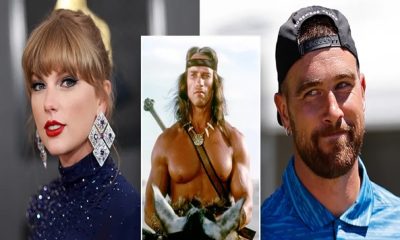 Travis Kelce and Taylor Swift with Arnold Schwarzenegger