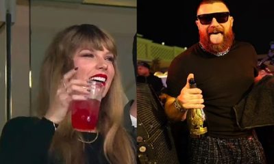Taylor Swift and Travis Kelcedrinking beer in Public