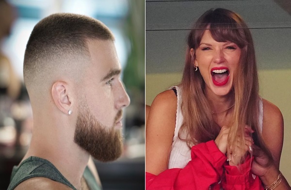 Travis Kelce new hair cut and Taylor Swift smiles,